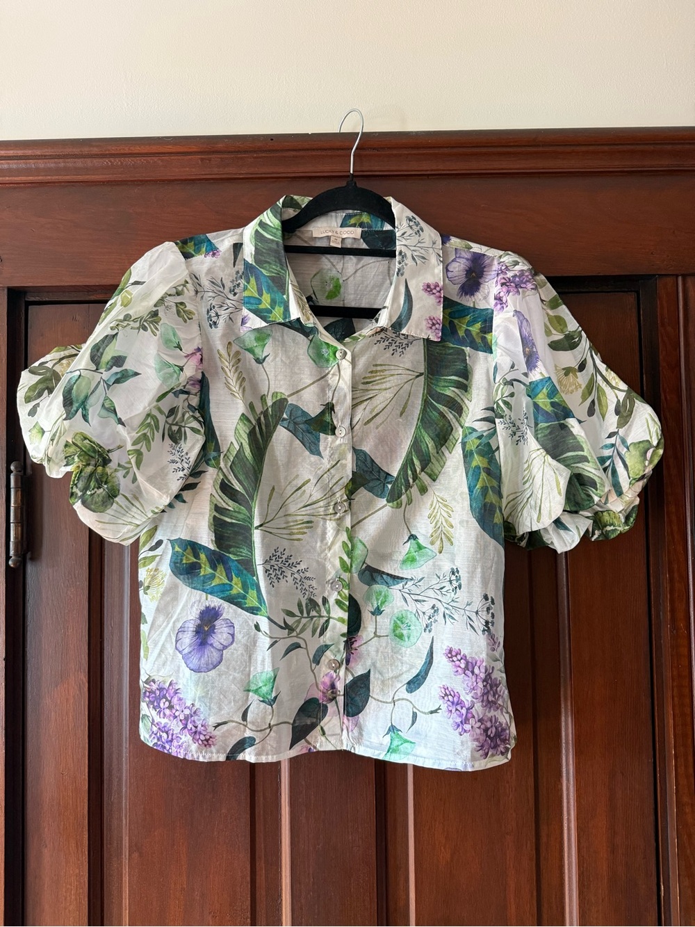 Floral Puff Sleeve Button-Up Blouse in Green & Purple